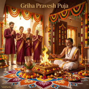 Griha pravesh puja ceremony mein pandit ji naye ghar ke darwaze par havan aur kalash sthapana karte hue — VedSetu par online booking