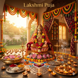Goddess Lakshmi idol ke saath decorated puja setup — diyas, flowers aur samagri — VedSetu par Lakshmi puja ke liye pandit book karein